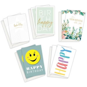 Doppelkarte ABC 90991, Geburtstag, 117x173 mm, 5 Motive, Packung à 10 Stück