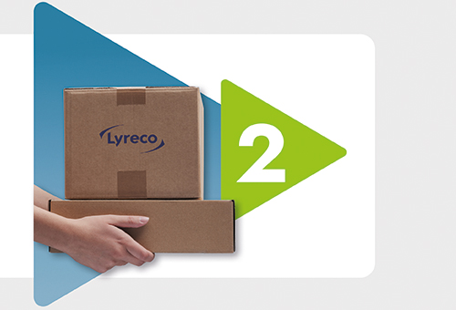 Person holding boxes, Lyreco printed on it