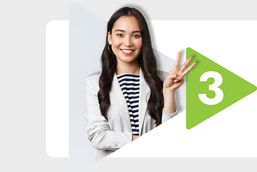 Woman holding three fingers up, happy expression on her face and showing joy