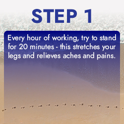 Every hour of working, try to stand for 20 minutes - this stretches your legs and relieves aches and pains 
