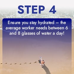 Ensure you stay hydrated – the average worker needs between 6 and 8 glasses of water a day! 