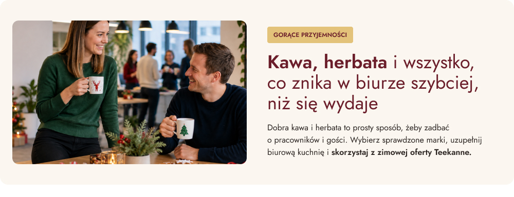 Co znika w biurze szybciej, niż się wydaje. Dobra kawa i herbata to prosty sposób, żeby zadbać o pracowników i gości. Wybierz sprawdzone marki, uzupełnij biurową kuchnię i skorzystaj z zimowej oferty Teekanne.