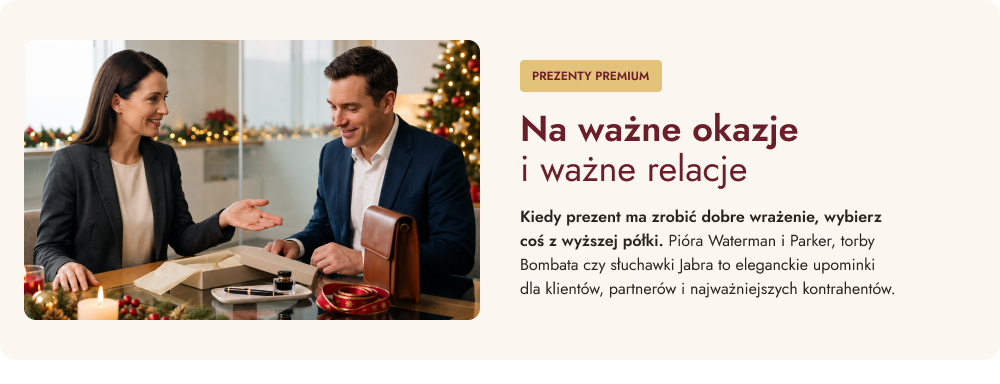 Na ważne okazje i ważne relacje. Kiedy prezent ma zrobić dobre wrażenie, wybierz coś z wyższej półki. Pióra Waterman i Parker, torby Bombata czy słuchawki Jabra to eleganckie upominki dla klientów, partnerów i najważniejszych kontrahentów.