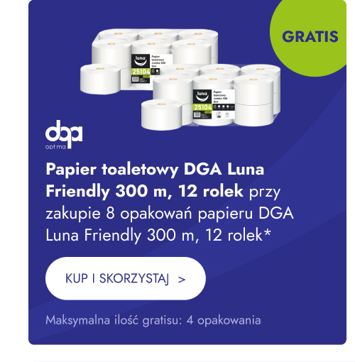 Papier toaletowy DGA Luna Friendly 300 m, 12 rolek przy zakupie 8 opakowań papieru DGA Luna Friendly 300 m, 12 rolek. Maksymalna ilość gratisu: 4 opakowania. Kup i skorzystaj.