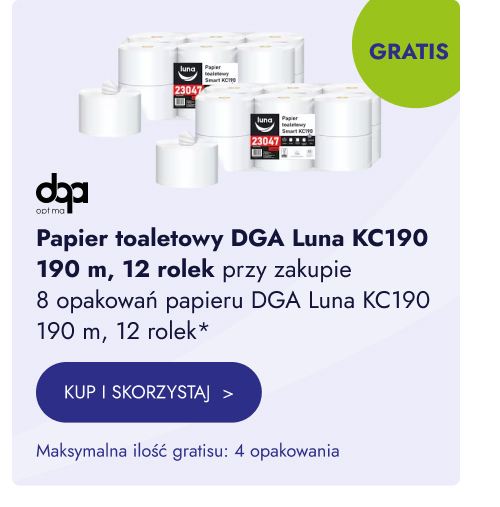 Papier toaletowy DGA Luna KC190 190 m, 12 rolek przy zakupie 8 opakowań papieru DGA Luna KC190 190 m, 12 rolek. Maksymalna ilość gratisu: 4 opakowania. Kup i skorzystaj.