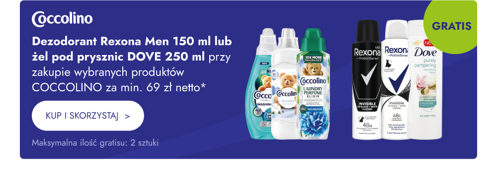 Dezodorant Rexona Men 150 ml lub żel pod prysznic DOVE 250 ml przy zakupie wybranych produktów COCCOLINO za min. 69 zł netto. Maksymalna ilość gratisu: 2 sztuki. Kup i skorzystaj.