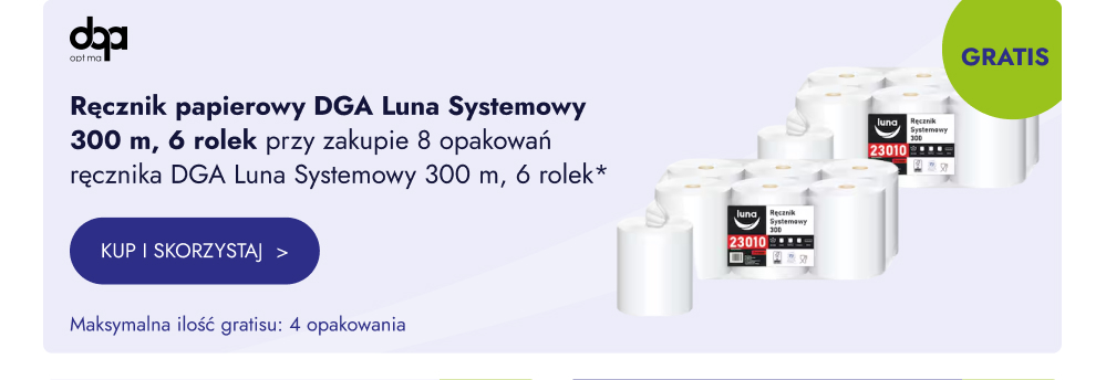 Ręcznik papierowy DGA Luna Systemowy 300 m, 6 rolek przy zakupie 8 opakowań ręcznika DGA Luna Systemowy 300 m, 6 rolek. Maksymalna ilość gratisu: 4 opakowania. Kup i skorzystaj.