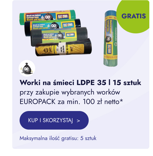 Worki na śmieci LDPE 35 l, 15 sztuk przy zakupie wybranych worków EUROPACK za min. 100 zł netto. Maksymalna ilość gratisu: 5 sztuk. Kup i skorzystaj.