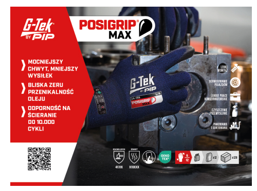 G-Tek PIP Posigrip Max. Mocniejszy chwyt, mniejszy wysiłek, bliska zeru przepuszczalność oleju, odporność na ścieranie do 10 000 cykli.
