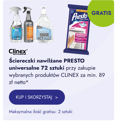 Ściereczki nawilżane PRESTO uniwersalne 72 sztuki przy zakupie wybranych produktów CLINEX za min. 89 zł netto. Maksymalna ilość gratisu: 2 sztuki. Kup i skorzystaj.