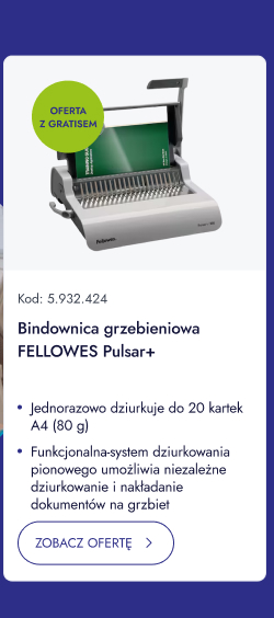 Bindownica grzebieniowa FELLOWES Pulsar+. Jednorazowo dziurkuje do 20 kartek A4 (80 g). Funkcjonalna system dziurkowania pionowego umożliwia niezależne dziurkowanie i nakładanie dokumentów na grzbiet. ZOBACZ OFERTĘ.