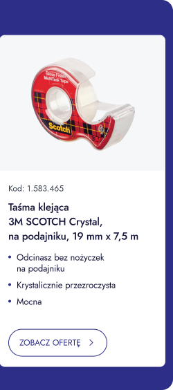 Taśma klejąca 3M Scotch Crystal, na podajniku, 19 mm x 7,5 m. Odcinasz bez nożyczek na podajniku. Krystalicznie przezroczysta. Mocna. ZOBACZ OFERTĘ.