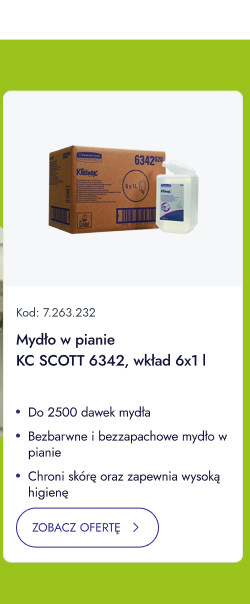 Mydło w pianie KC SCOTT 6342, wkład 1 x 1 l. Do 2500 dawek mydła. Bezzapachowe i bezbarwne mydło w pianie. Chroni skórę oraz zapewnia wysoką higienę. ZOBACZ OFERTĘ.