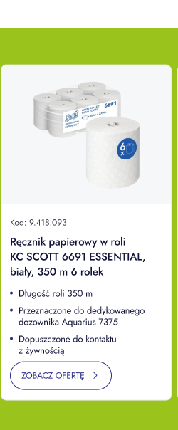 Ręcznik papierowy w roli KC SCOTT 6691 ESSENTIAL, biały, 350 m, 6 rolek. Długość roli 350 m. Przeznaczone do dedykowanego dozownika Aquarius 7375. Dopuszczone do kontaktu z żywnością. ZOBACZ OFERTĘ.