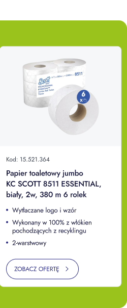 Papier toaletowy jumbo KC SCOTT 8511 ESSENTIAL, biały, 2w, 380 m, 6 rolek. Wyłączane logo i wzór. Wykonany w 100% z włókien pochodzących z recyklingu. 2-warstwowy. ZOBACZ OFERTĘ.