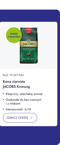 Kawa ziarnista JACOBS Kronung. Klasyczny, szlachetny aromat. Doskonała do kaw czarnych i z mlekiem. Intensywność 6/10. ZOBACZ OFERTĘ.