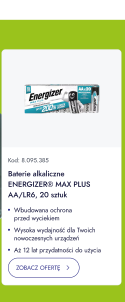 Baterie alkaliczne ENERGIZER MAX PLUS AA/LR6, 20 sztuk. Wbudowana ochrona przed wyciekiem. Wysoka wydajność dla Twoich nowoczesnych urządzeń. Aż 12 lat przydatności do użycia. ZOBACZ OFERTĘ.