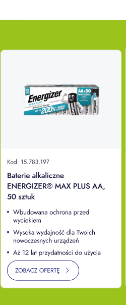 Baterie alkaliczne ENERGIZER MAX PLUS AA, 50 sztuk. Wbudowana ochrona przed wyciekiem. Wysoka wydajność dla Twoich nowoczesnych urządzeń. Aż 12 lat przydatności do użycia. ZOBACZ OFERTĘ.