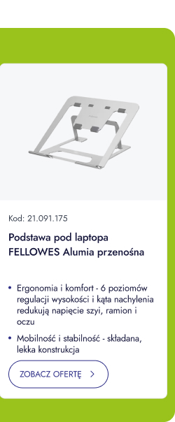Podstawka pod laptopa FELLOWES Alumia przenośna. Ergonomia i komfort, 6 poziomów regulacji wysokości i kąta nachylenia redukują napięcie szyi, ramion i oczu. Mobilność i stabilność, składana, lekka konstrukcja. ZOBACZ OFERTĘ.