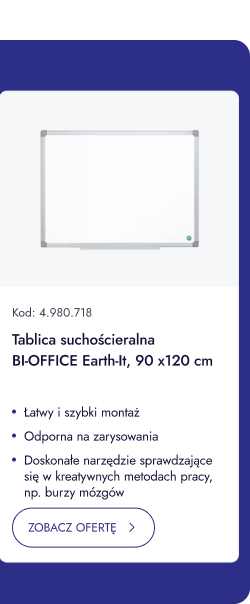 Tablica suchościeralna BI-OFFICE Earth-it, 90 x 120 cm. Łatwy i szybki montaż. Odporna na zarysowania. Doskonale nadaje się do aktywnych metod pracy, np. burzy mózgów. ZOBACZ OFERTĘ.
