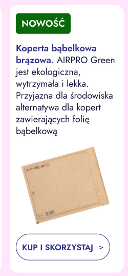 Nowość. Koperta bąbelkowa brązowa AIRPRO Green jest ekologiczna, wytrzymała i lekka. Przyjazna dla środowiska alternatywa dla kopert zawierających folię bąbelkową. Kup i skorzystaj.
