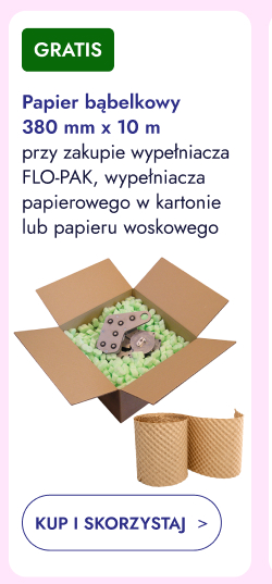 Gratis. Papier bąbelkowy 380 mm × 10 m przy zakupie wypełniacza FLO-PAK, wypełniacza papierowego w kartonie lub papieru woskowego. Kup i skorzystaj.