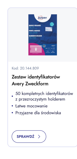 Zestaw identyfikatorów Avery Zweckform. 50 kompletnych identyfikatorów z przezroczystym holderem. Łatwe mocowanie. Przyjazne dla środowiska. Sprawdź.