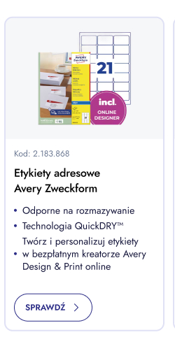 Etykiety adresowe Avery Zweckform. Odporne na rozmazywanie. Technologia QuickDRY. Twórz i personalizuj etykiety w bezpłatnym kreatorze Avery Design & Print Online. Sprawdź.