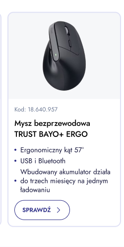 Mysz bezprzewodowa Trust Bayo+ Ergo. Ergonomiczny kąt 57°. USB i Bluetooth. Wbudowany akumulator działa do trzech miesięcy na jednym ładowaniu. Sprawdź.