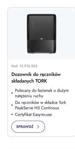 Dozownik do ręczników składanych Tork. Polecany do łazienek o dużym natężeniu ruchu. Do ręczników w składce Tork PeakServe H5 Continuous. Certyfikat Easy-to-use. Sprawdź.