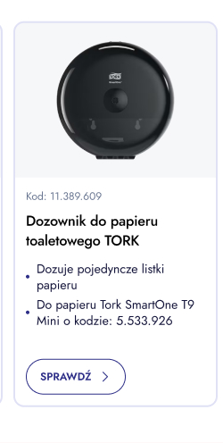 Dozownik do papieru toaletowego Tork. Dozuje pojedyncze listki papieru. Do papieru Tork SmartOne T9 Mini. Sprawdź.