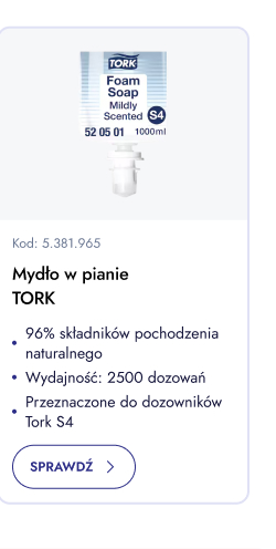 Mydło w pianie Tork. 96% składników pochodzenia naturalnego. Wydajność: 2500 dozowań. Przeznaczone do dozowników Tork S4. Sprawdź.