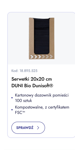 Serwetki 20x20 cm Duni Bio Dunisoft. Kartonowy dozownik pomieści 100 sztuk. Kompostowalne, z certyfikatem FSC. Sprawdź.