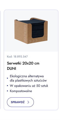 Serwetki 20x20 cm Duni. Ekologiczna alternatywa dla plastikowych sztućców. W opakowaniu 50 sztuk. Kompostowalne. Sprawdź.