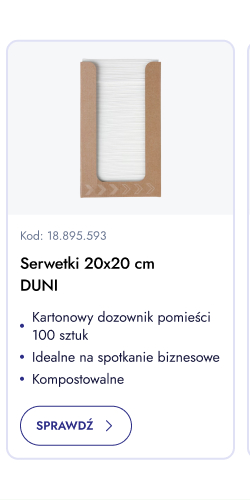 Serwetki 20x20 cm Duni. Kartonowy dozownik pomieści 100 sztuk. Idealne na spotkanie biznesowe. Kompostowalne. Sprawdź.