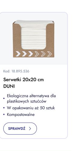 Serwetki 20x20 cm Duni. Ekologiczna alternatywa dla plastikowych sztućców. W opakowaniu 50 sztuk. Kompostowalne. Sprawdź.