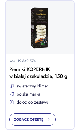 Pierniki Kopernik w białej czekoladzie 150 g. Świąteczny klimat. Polska marka. Dołóż do zestawu. Zobacz ofertę.